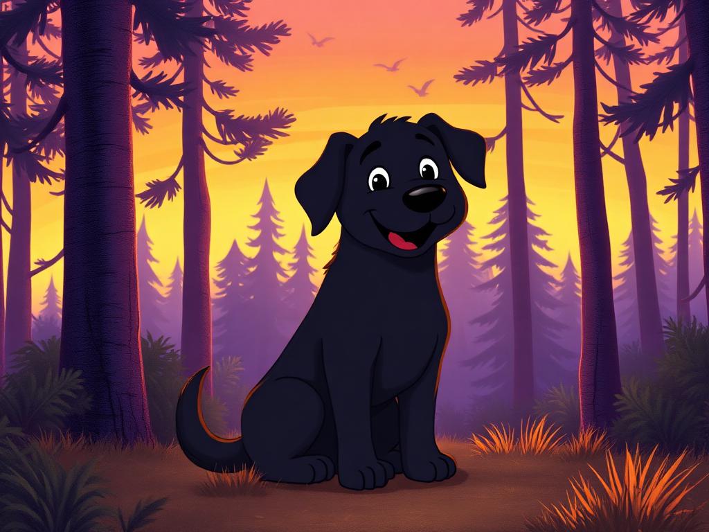 A friendly black dog sitting in a purple and yellow pine forest