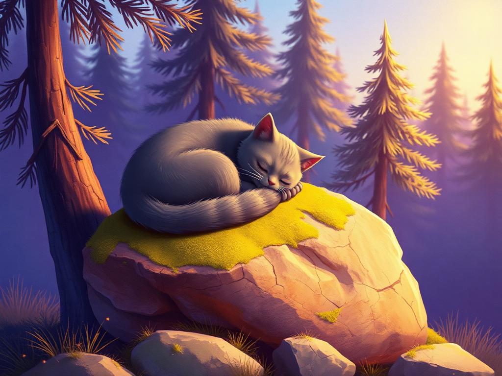 A grey cat curled up asleep on a mossy rock among pine trees