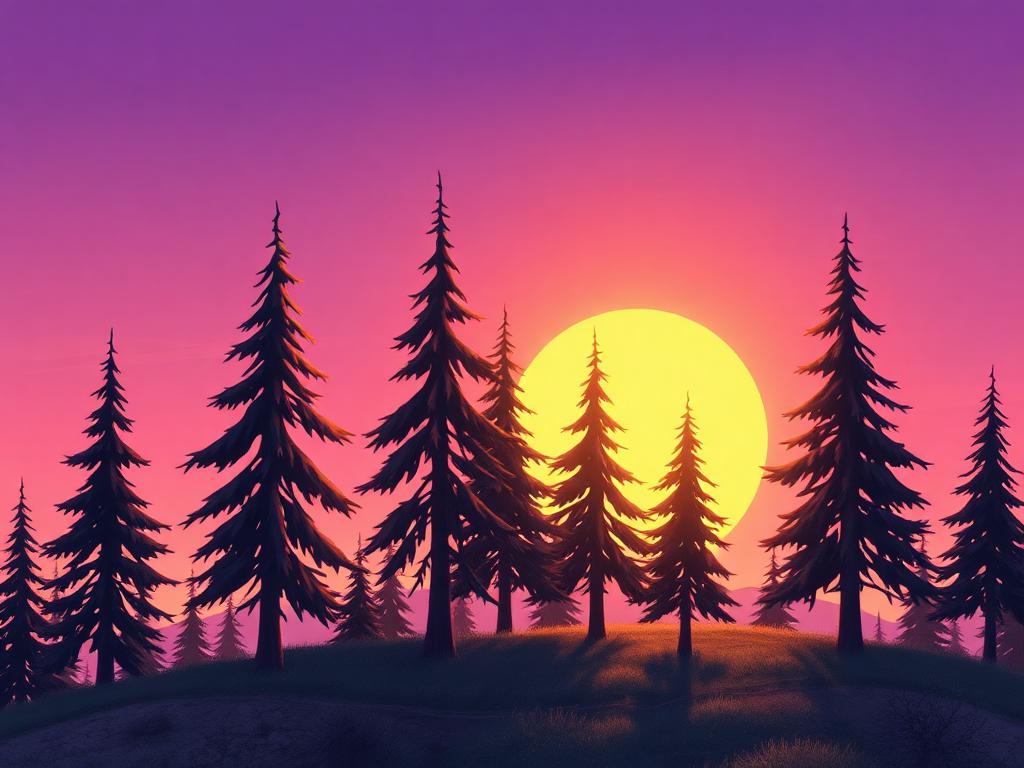 Pine trees on a hill under a purple sky with a big yellow sun