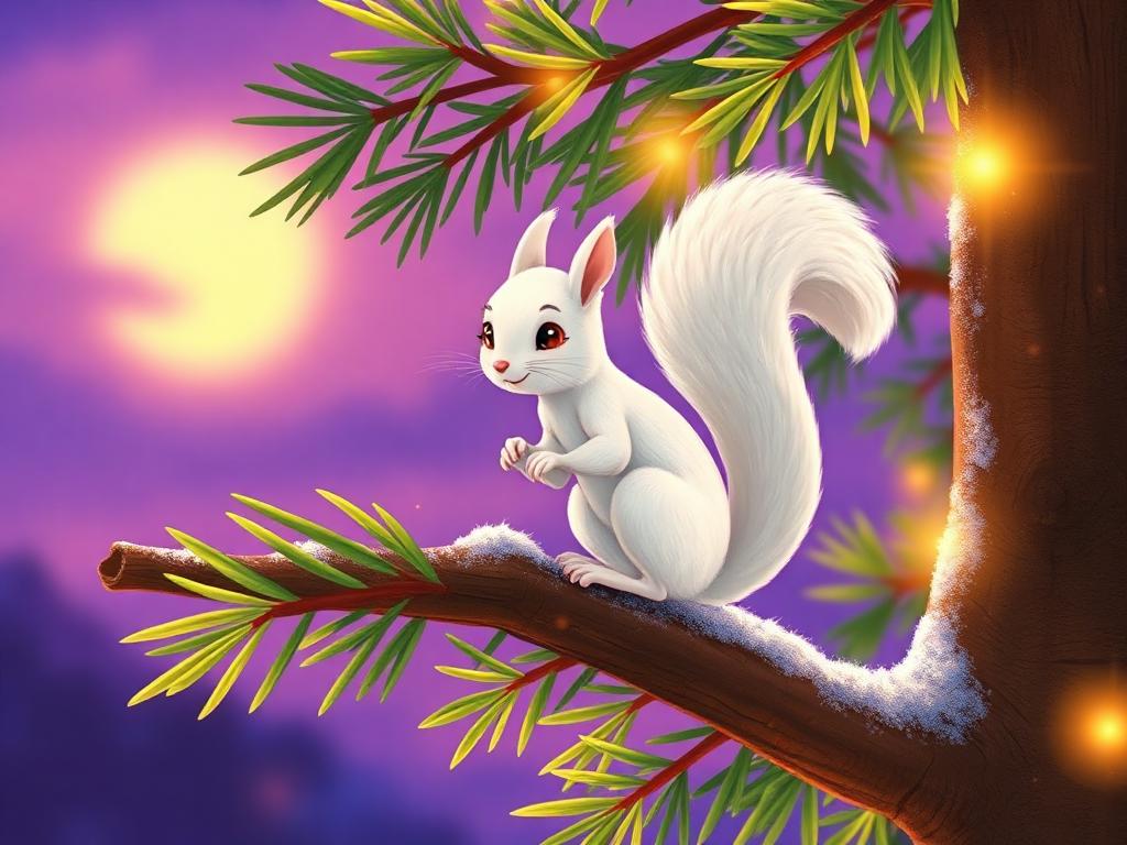 A white squirrel on a pine branch under a purple and yellow sky